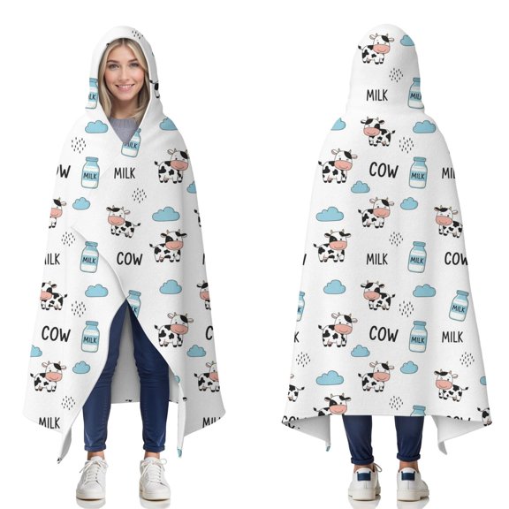 Wearable Blanket,White Cow Milk Cow Pattern Hooded Wearable Flannel Blanket for Adults & Teens,Winter Poncho Shawl Wrap Cape Cozy Anti-Pill,50"x60"