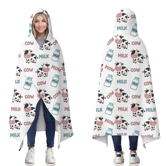 Wearable Blanket,White Cow Milk Pattern Hooded Wearable Flannel Blanket for Adults & Teens,Winter Poncho Shawl Wrap Cape Cozy Anti-Pill,50"x60"