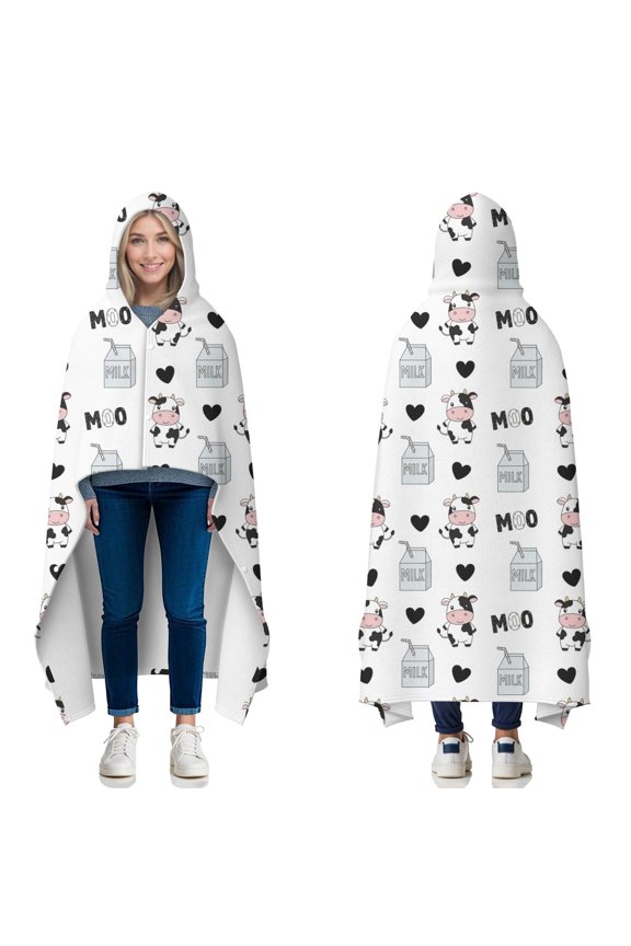 Wearable Blanket,White Cow Moo Milk Pattern Hooded Wearable Flannel Blanket for Adults & Teens with Buckle,Winter Poncho Shawl Wrap Cape,50"x60"