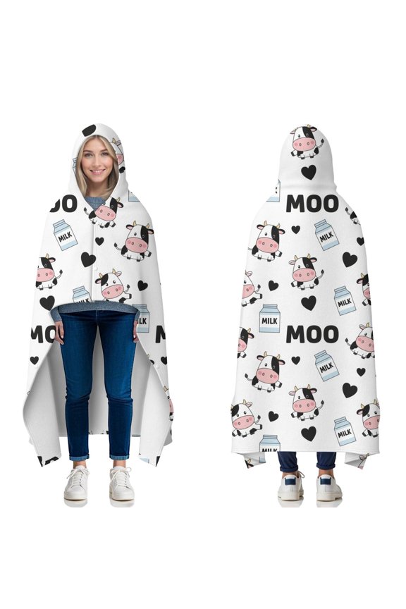 Wearable Blanket,White Cow Moo Milk Pattern Hooded Wearable Flannel Blanket for Adults & Teens with Buckle,Winter Poncho Shawl Wrap Cape,50"x60"