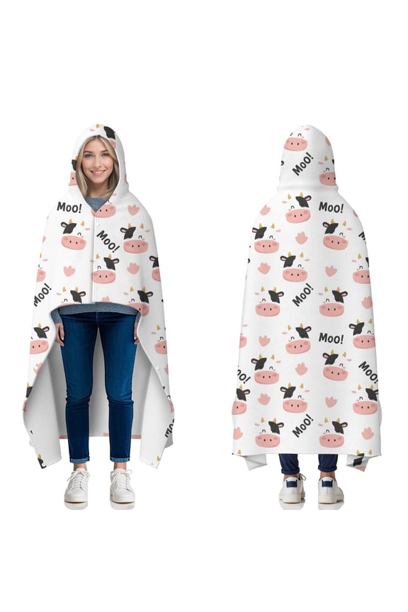 Wearable Blanket,White Cow Moo Pattern Hooded Wearable Flannel Blanket for Adults & Teens with Buckle,Winter Poncho Shawl Wrap Cape,60"x80"