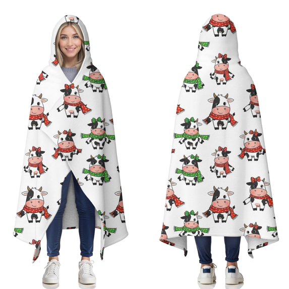 Wearable Blanket,White Cow Scarf Bow Pattern Hooded Wearable Sherpa Blanket for Adults & Teens,Winter Poncho Shawl Wrap Cape Thick Warm,50"x60"