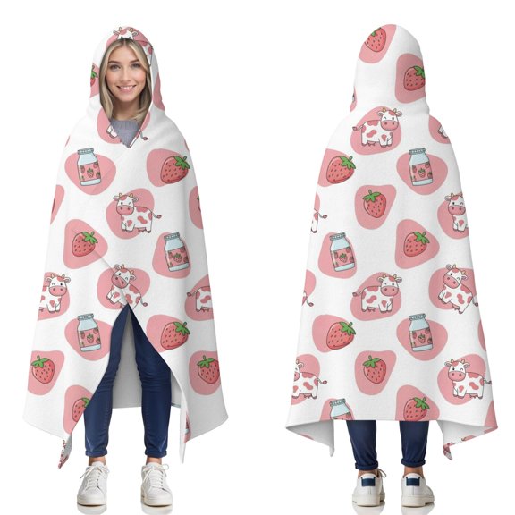 Wearable Blanket,White Cow Strawberry Jar Pattern Hooded Wearable Flannel Blanket for Adults & Teens,Winter Poncho Shawl Wrap Cape Cozy Anti-Pill,50"x60"