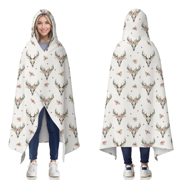 Wearable Blanket,White Deer Skull Flower Pattern Hooded Wearable Sherpa Blanket for Adults & Teens,Winter Poncho Shawl Wrap Cape Thick Warm,50"x60"