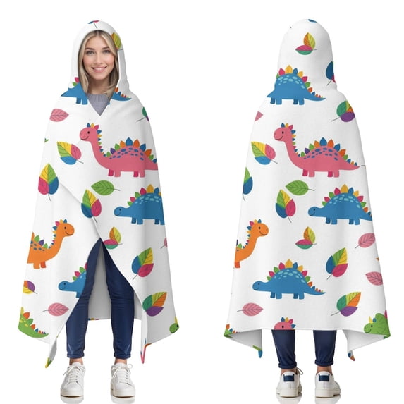 Wearable Blanket,White Dinosaurs Colorful Leaves Pattern Hooded Wearable Flannel Blanket for Adults & Teens,Winter Poncho Shawl Wrap Cape Cozy Anti-Pill,60"x80"