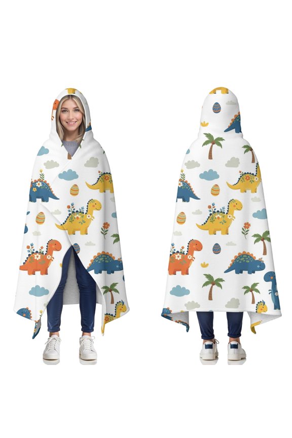 Wearable Blanket,White Dinosaurs Palms Eggs Pattern Hooded Wearable Sherpa Blanket for Adults & Teens,Winter Poncho Shawl Wrap Cape Thick Warm,50"x60"