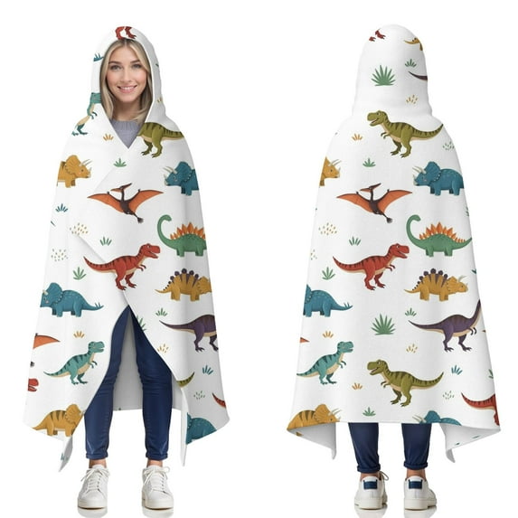 Wearable Blanket,White Dinosaurs Pterosaurs Plants Pattern Hooded Wearable Flannel Blanket for Adults & Teens,Winter Poncho Shawl Wrap Cape Cozy Anti-Pill,60"x80"