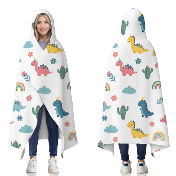 Wearable Blanket,White Dinosaurs Rainbows Cacti Pattern Hooded Wearable Flannel Blanket for Adults & Teens,Winter Poncho Shawl Wrap Cape Cozy Anti-Pill,50"x60"