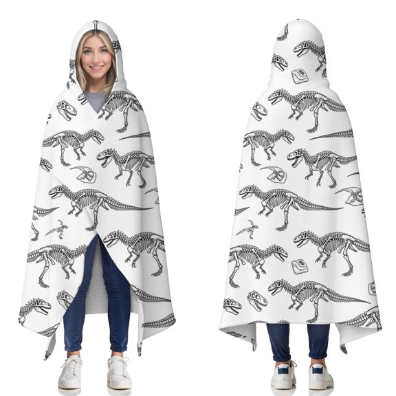 Wearable Blanket,White Dinosaurs Skeletons Pattern Hooded Wearable Sherpa Blanket for Adults & Teens,Winter Poncho Shawl Wrap Cape Thick Warm,60"x80"