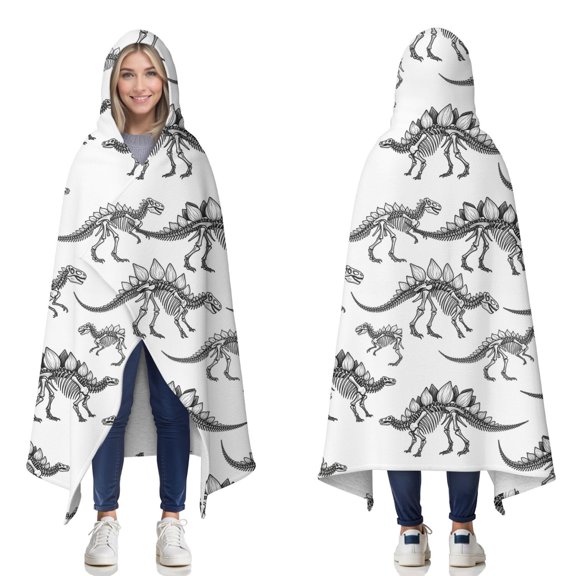 Wearable Blanket,White Dinosaurs Skeletons Pattern Hooded Wearable Sherpa Blanket for Adults & Teens,Winter Poncho Shawl Wrap Cape Thick Warm,60"x80"