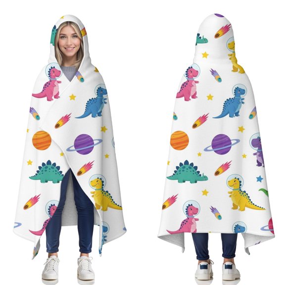 Wearable Blanket,White Dinosaurs Space Pattern Hooded Wearable Sherpa Blanket for Adults & Teens,Winter Poncho Shawl Wrap Cape Thick Warm,50"x60"
