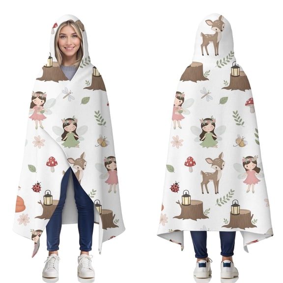 Wearable Blanket,White Forest Fairy Pattern Hooded Wearable Flannel Blanket for Adults & Teens,Winter Poncho Shawl Wrap Cape Cozy Anti-Pill,60"x80"