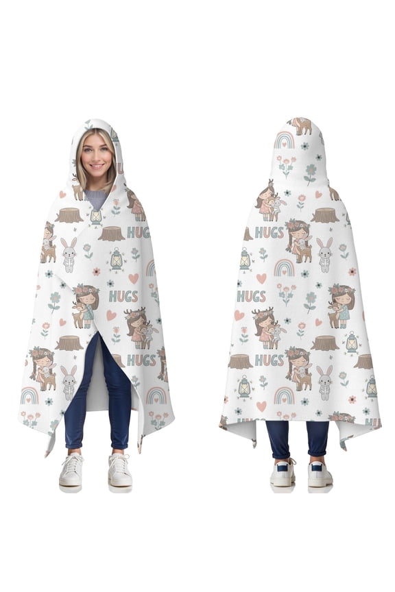 Wearable Blanket,White Forest Pattern Hooded Wearable Flannel Blanket for Adults & Teens,Winter Poncho Shawl Wrap Cape Cozy Anti-Pill,60"x80"