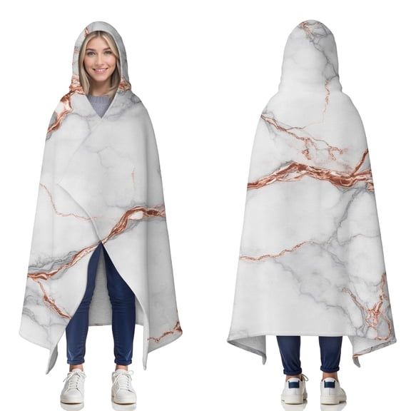 Wearable Blanket,White Gray Rose Gold Marble Pattern Hooded Wearable Sherpa Blanket for Adults & Teens,Winter Poncho Shawl Wrap Cape Thick Warm,60"x80"