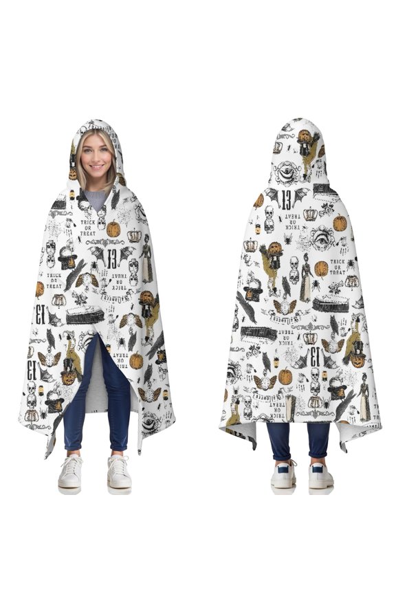 Wearable Blanket,White Halloween Pumpkin Bat Pattern Hooded Wearable Sherpa Blanket for Adults & Teens,Winter Poncho Shawl Wrap Cape Thick Warm,60"x80"