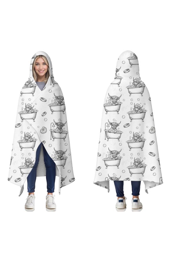 Wearable Blanket,White Highland Cow Bathtub Bubble Pattern Hooded Wearable Sherpa Blanket for Adults & Teens,Winter Poncho Shawl Wrap Cape Thick Warm,50"x60"