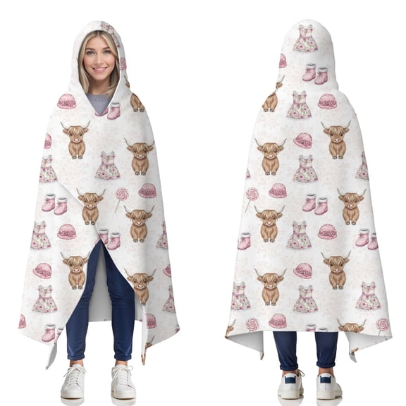 Wearable Blanket,White Highland Cow Dress Shoe Pattern Hooded Wearable Flannel Blanket for Adults & Teens,Winter Poncho Shawl Wrap Cape Cozy Anti-Pill,60"x80"