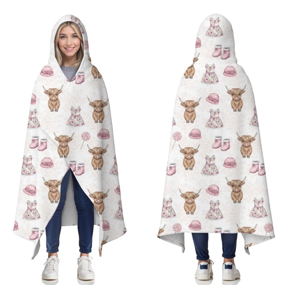 Wearable Blanket,White Highland Cow Dress Shoe Pattern Hooded Wearable Sherpa Blanket for Adults & Teens,Winter Poncho Shawl Wrap Cape Thick Warm,60"x80"