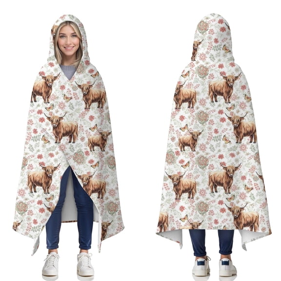 Wearable Blanket,White Highland Cow Flower Butterfly Pattern Hooded Wearable Flannel Blanket for Adults & Teens,Winter Poncho Shawl Wrap Cape Cozy Anti-Pill,50"x60"