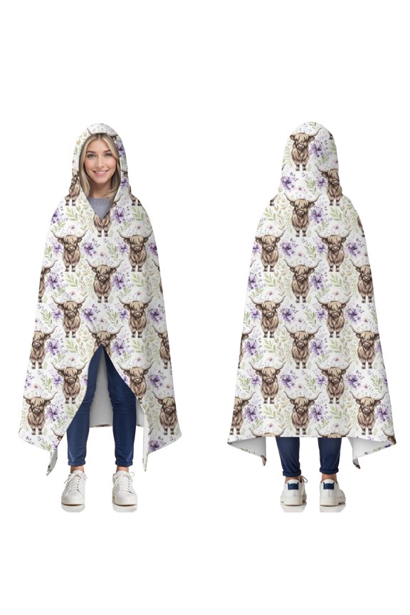 Wearable Blanket,White Highland Cow Flower Pattern Hooded Wearable Flannel Blanket for Adults & Teens,Winter Poncho Shawl Wrap Cape Cozy Anti-Pill,50"x60"