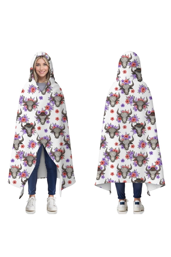 Wearable Blanket,White Highland Cow Flower Pattern Hooded Wearable Flannel Blanket for Adults & Teens,Winter Poncho Shawl Wrap Cape Cozy Anti-Pill,50"x60"