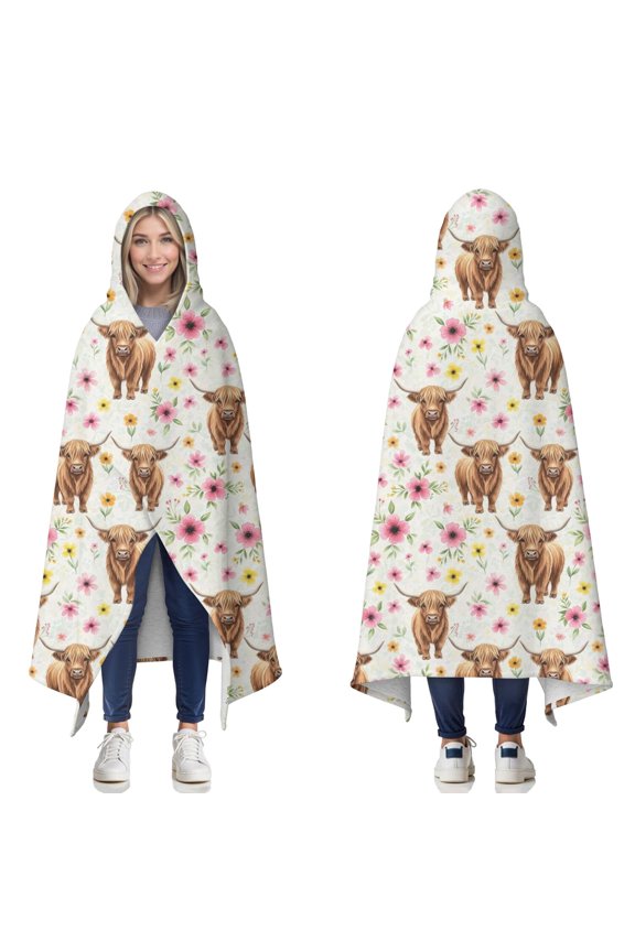 Wearable Blanket,White Highland Cow Flower Pattern Hooded Wearable Sherpa Blanket for Adults & Teens,Winter Poncho Shawl Wrap Cape Thick Warm,50"x60"