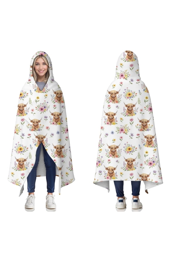Wearable Blanket,White Highland Cow Flower Pattern Hooded Wearable Sherpa Blanket for Adults & Teens,Winter Poncho Shawl Wrap Cape Thick Warm,50"x60"