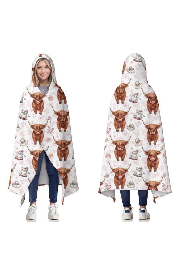 Wearable Blanket,White Highland Cow Hat Dress Pattern Hooded Wearable Sherpa Blanket for Adults & Teens,Winter Poncho Shawl Wrap Cape Thick Warm,50"x60"