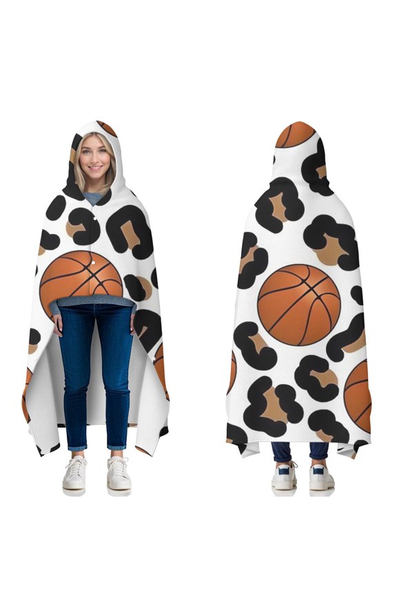 Wearable Blanket,White Leopard Basketballs Pattern Hooded Wearable Flannel Blanket for Adults & Teens with Buckle,Winter Poncho Shawl Wrap Cape,50"x60"
