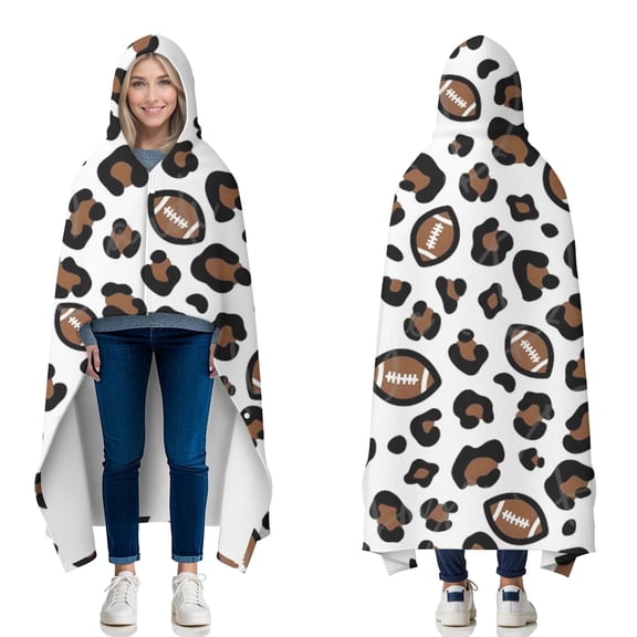 Wearable Blanket,White Leopard Print with Footballs Pattern Hooded Wearable Flannel Blanket for Adults & Teens with Buckle,Winter Poncho Shawl Wrap Cape,50"x60"