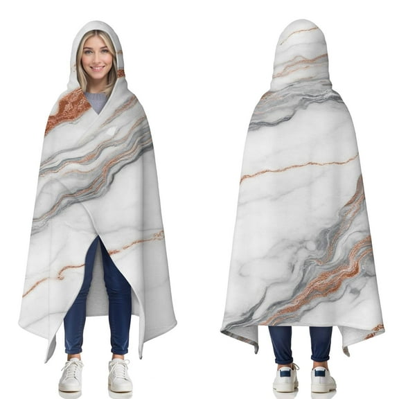 Wearable Blanket,White Marble Copper Line Pattern Hooded Wearable Sherpa Blanket for Adults & Teens,Winter Poncho Shawl Wrap Cape Thick Warm,50"x60"