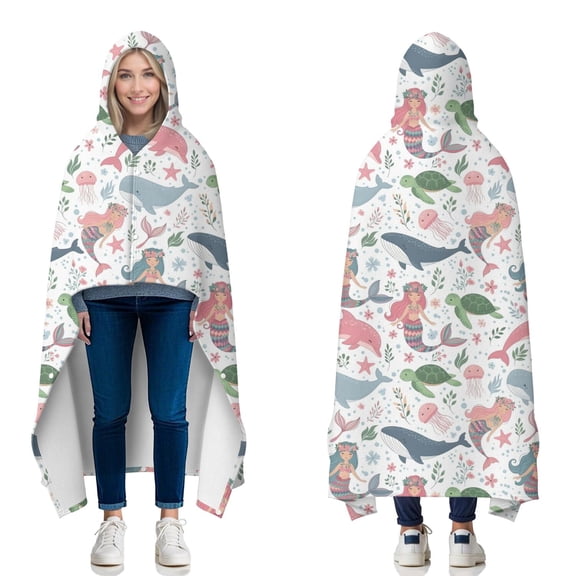Wearable Blanket,White Mermaid Sea Pattern Hooded Wearable Flannel Blanket for Adults & Teens with Buckle,Winter Poncho Shawl Wrap Cape,60"x80"