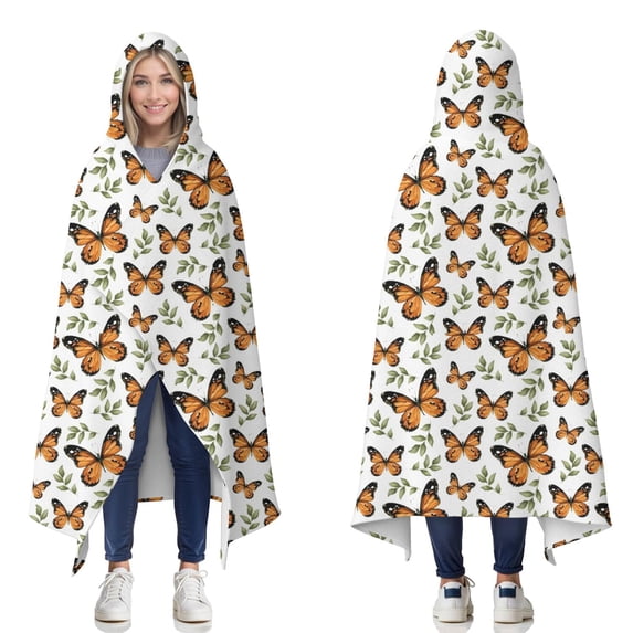 Wearable Blanket,White Orange Butterfly Leaf Pattern Hooded Wearable Flannel Blanket for Adults & Teens,Winter Poncho Shawl Wrap Cape Cozy Anti-Pill,50"x60"