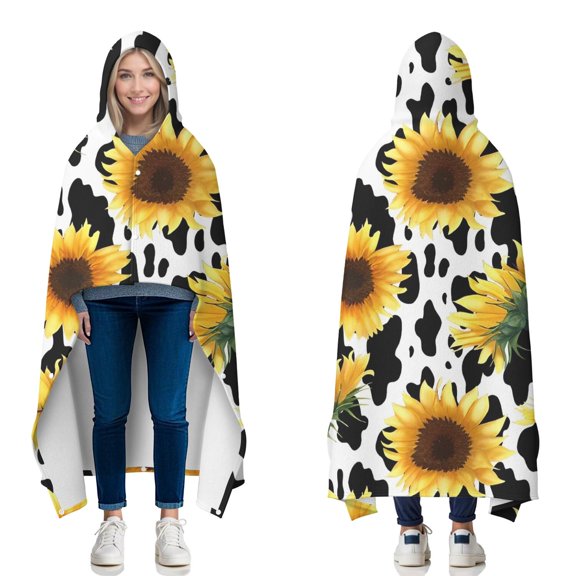 Wearable Blanket,White Sunflower Cow Print Pattern Hooded Wearable Flannel Blanket for Adults & Teens with Buckle,Winter Poncho Shawl Wrap Cape,50"x60"