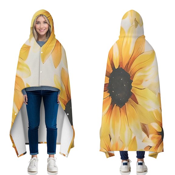 Wearable Blanket,White Sunflower Pattern Hooded Wearable Flannel Blanket for Adults & Teens with Buckle,Winter Poncho Shawl Wrap Cape,50"x60"