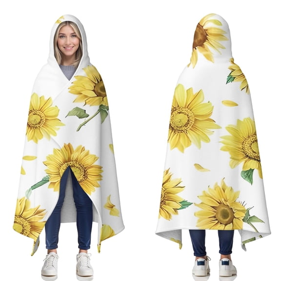 Wearable Blanket,White Sunflower Petal Pattern Hooded Wearable Sherpa Blanket for Adults & Teens,Winter Poncho Shawl Wrap Cape Thick Warm,60"x80"
