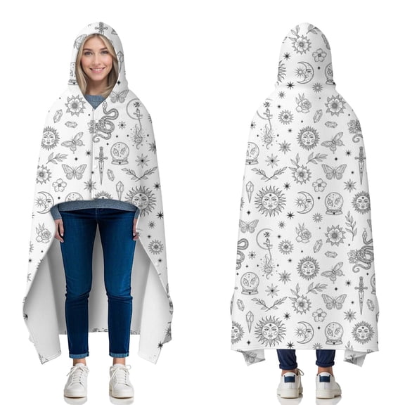 Wearable Blanket,White Witchcraft Sun Moon Snake Pattern Hooded Wearable Flannel Blanket for Adults & Teens with Buckle,Winter Poncho Shawl Wrap Cape,60"x80"