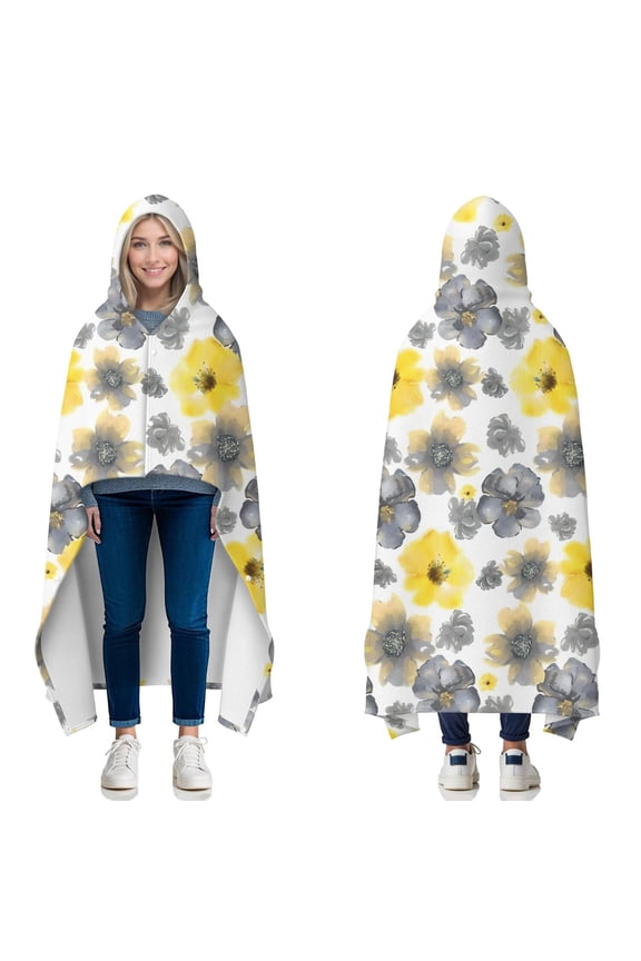Wearable Blanket,White Yellow Flower Gray Flower Pattern Hooded Wearable Flannel Blanket for Adults & Teens with Buckle,Winter Poncho Shawl Wrap Cape,50"x60"