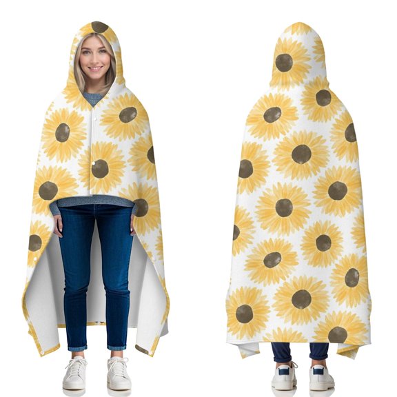 Wearable Blanket,White Yellow Sunflower Pattern Hooded Wearable Flannel Blanket for Adults & Teens with Buckle,Winter Poncho Shawl Wrap Cape,50"x60"