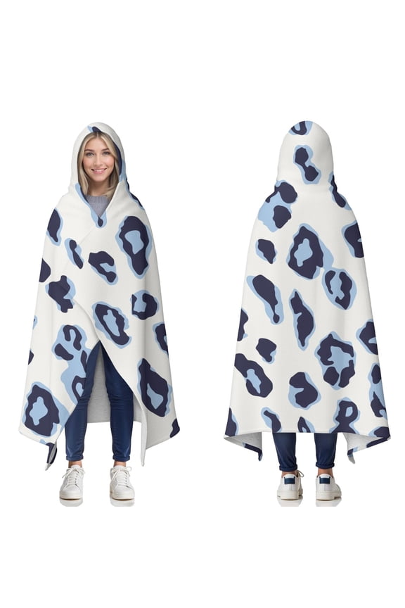 Wearable Blanket,White and Blue Of Leopard Print Hooded Wearable Sherpa Blanket for Adults & Teens,Winter Poncho Shawl Wrap Cape Thick Warm,50"x60"