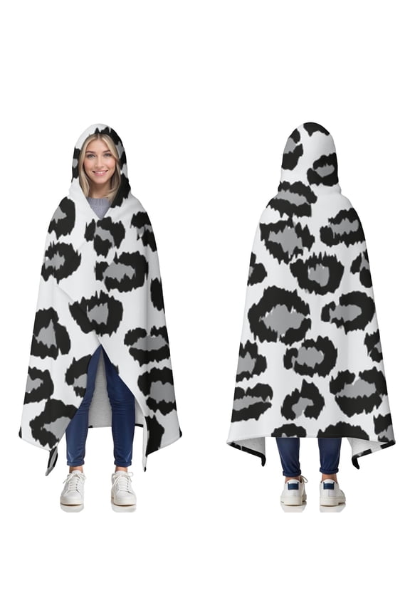 Wearable Blanket,White and Gray Of Leopard Print Hooded Wearable Sherpa Blanket for Adults & Teens,Winter Poncho Shawl Wrap Cape Thick Warm,50"x60"
