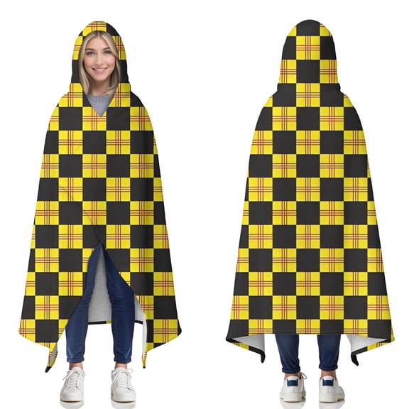 Wearable Blanket,Yellow and Black Checkerboard Checkered Pattern Hooded Wearable Sherpa Blanket for Adults & Teens,Winter Poncho Shawl Wrap Cape Thick Warm,50"x60"