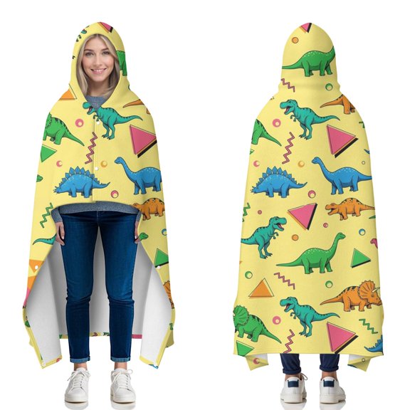 Wearable Blanket,Yellow Cartoon Dinosaurs Geometric Shapes Pattern Hooded Wearable Flannel Blanket for Adults & Teens with Buckle,Winter Poncho Shawl Wrap Cape,60"x80"