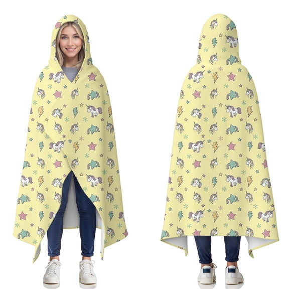 Wearable Blanket,Yellow Cartoon Unicorn Star Lightning Pattern Hooded Wearable Flannel Blanket for Adults & Teens,Winter Poncho Shawl Wrap Cape Cozy Anti-Pill,60"x80"