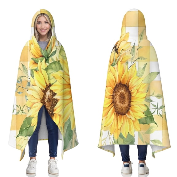 Wearable Blanket,Yellow Checker Sunflower Bouquet Pattern Hooded Wearable Sherpa Blanket for Adults & Teens,Winter Poncho Shawl Wrap Cape Thick Warm,50"x60"