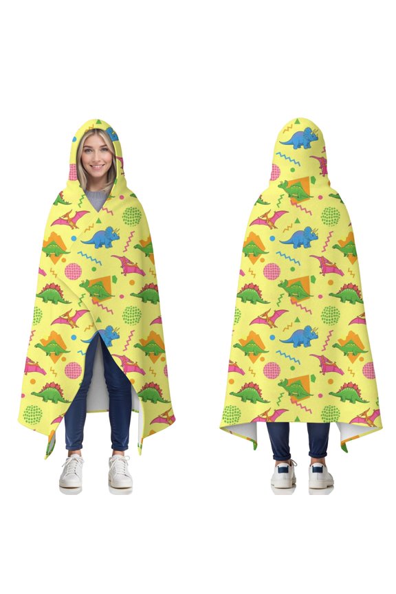 Wearable Blanket,Yellow Dinosaurs Geometric Pattern Hooded Wearable Flannel Blanket for Adults & Teens,Winter Poncho Shawl Wrap Cape Cozy Anti-Pill,60"x80"