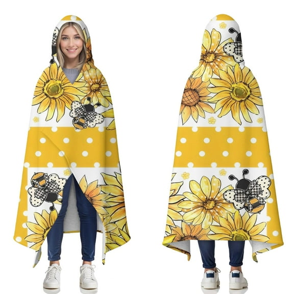 Wearable Blanket,Yellow Dot Sunflower Bee Pattern Hooded Wearable Sherpa Blanket for Adults & Teens,Winter Poncho Shawl Wrap Cape Thick Warm,60"x80"