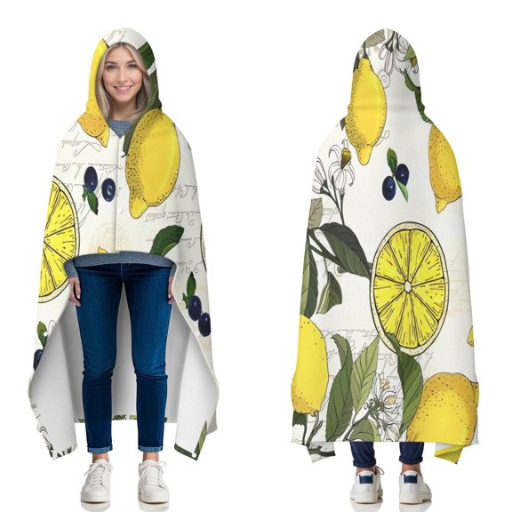 Wearable Blanket,Yellow Lemon Fruit Berries Beige Pattern Hooded Wearable Flannel Blanket for Adults & Teens with Buckle,Winter Poncho Shawl Wrap Cape,50"x60"