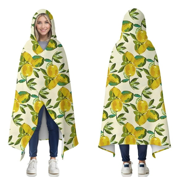 Wearable Blanket,Yellow Lemon Fruit Clusters White Pattern Hooded Wearable Flannel Blanket for Adults & Teens,Winter Poncho Shawl Wrap Cape Cozy Anti-Pill,60"x80"