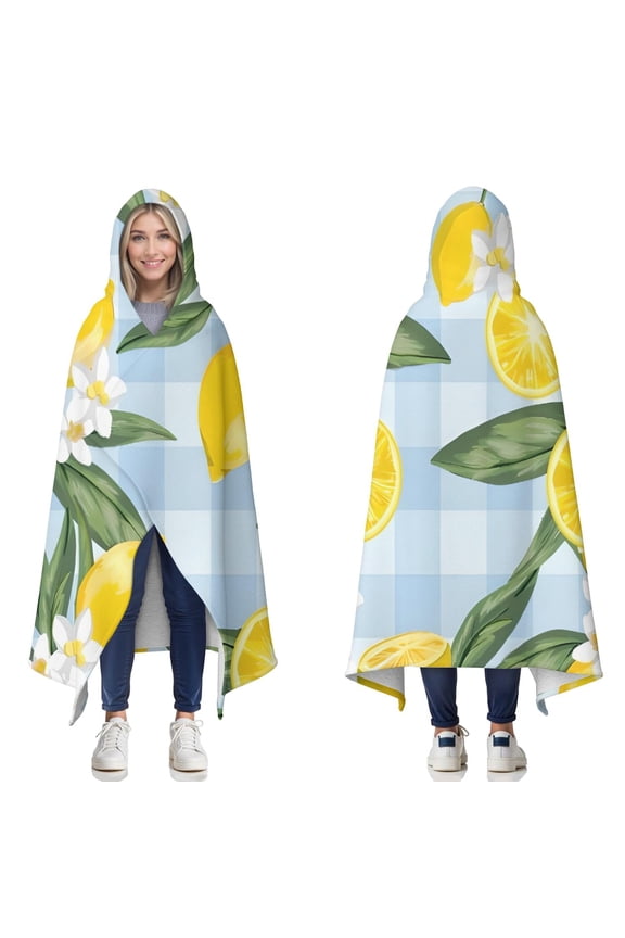 Wearable Blanket,Yellow Lemon Fruit Flowers BlueWhite Pattern Hooded Wearable Sherpa Blanket for Adults & Teens,Winter Poncho Shawl Wrap Cape Thick Warm,50"x60"